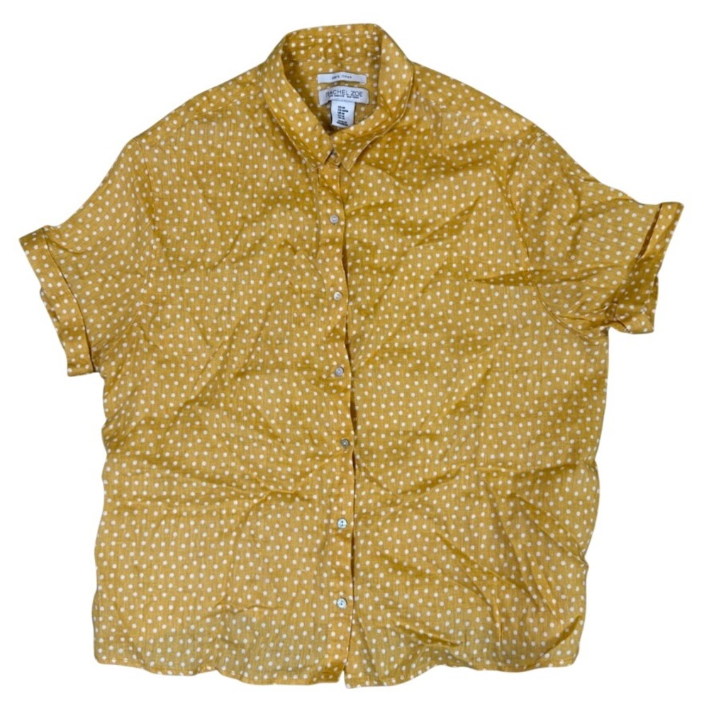 Rachel Zoe Mustard Yellow Polka Dot 100% Linen Short Sleeve Button Down Shirt M